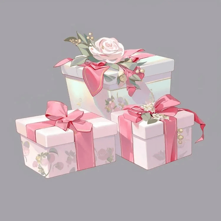 Three pink and white presentation gift boxes with floral ribbons